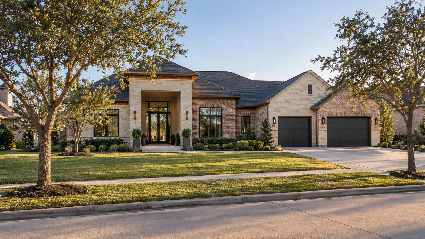 A single-story stone and brick custom home set well back from a suburban street, with a gabled entry, two street-facing garage doors, a wide concrete driveway and mature oaks shading the front lawn in late afternoon light