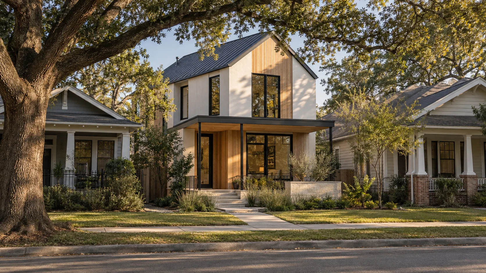 A new two-storey infill house in white plaster and vertical white oak siding with a matte black standing-seam gable roof, tall black-framed windows and a deep covered porch on slim black posts, set between older gabled bungalows with front porches and shaded by a large live oak in late-afternoon light
