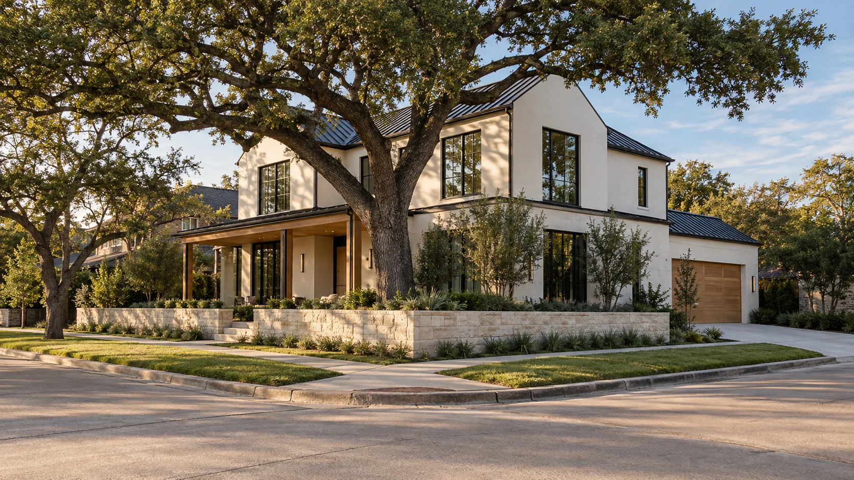 Corner of a residential street intersection in warm late-afternoon light, a two-storey white plaster house with a dark standing-seam metal roof, matte black windows and a covered porch with white oak posts, set behind a low limestone wall that wraps both street edges, a wood-clad garage door entered by a concrete driveway from the side street, and a large live oak spreading over the front of the house