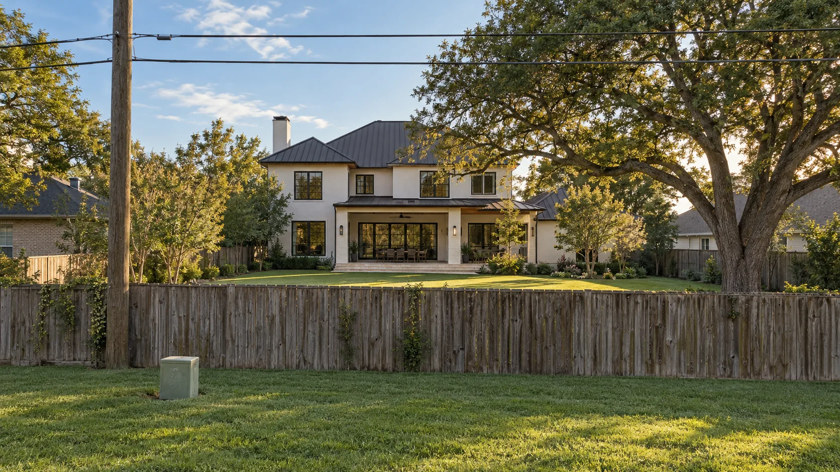 Back garden at golden hour with a weathered cedar plank fence across the frame, a wooden utility pole at the left carrying overhead lines, a small green utility box in the mown lawn, and beyond the fence a two-storey white plaster house with a dark roof and matte black windows under a large live oak