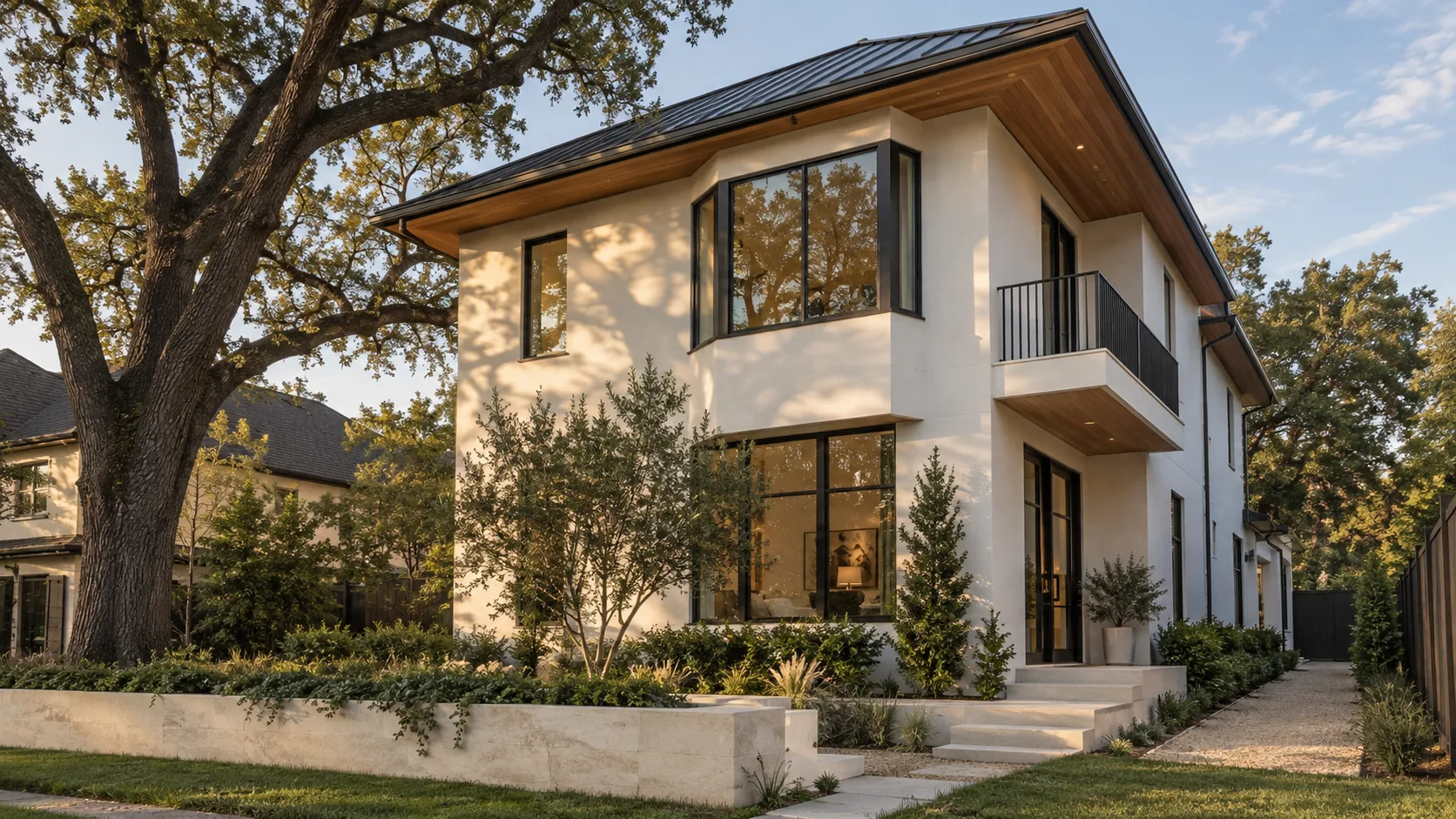 Two-storey white plaster house in warm late-afternoon light with a hip roof in dark standing-seam metal and a deep white oak soffit, a boxy black-framed bay window and a small cantilevered balcony with a thin black railing on the upper floor, a low limestone wall and planted front yard, a gravel path running down the narrow side yard along a wood fence, and a large live oak at the left