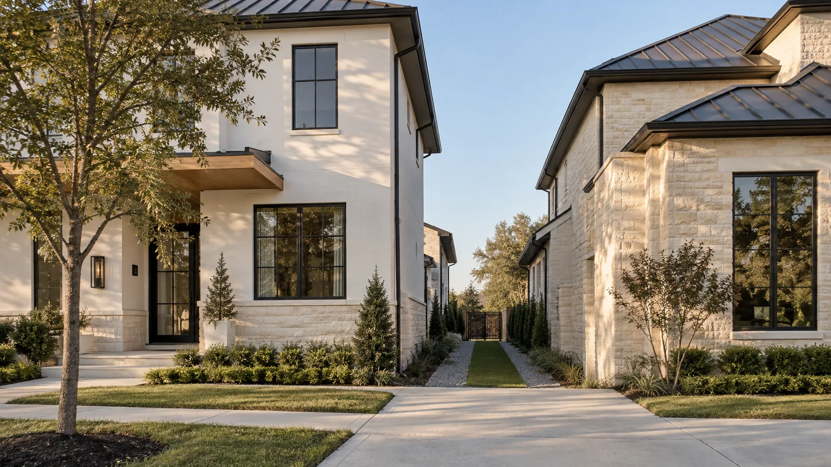 Two neighbouring two-storey houses seen from the sidewalk, one with white walls over a limestone base and a white oak entry canopy, the other in pale limestone, both with matte black windows and dark metal roofs, separated by a narrow strip of turf between paved paths that run back to a fence, with a young tree and clipped hedges in the front yards