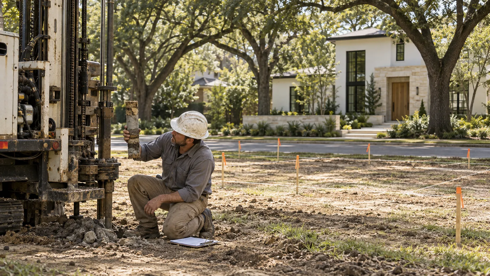 A male technician in a white hard hat and work clothes kneeling on bare ground beside a truck-mounted drilling rig, examining a soil sample, with short orange-topped stakes in the dirt behind him and a pale plaster and limestone house with a white oak door under mature live oaks across the street