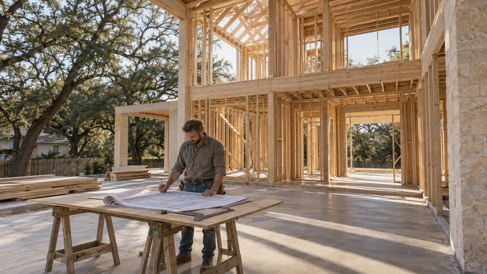 A two-storey house at the framing stage, pale timber stud walls and roof framing standing on a fresh concrete slab beside a limestone wall, with a male carpenter marking up an open drawing set on a plywood table on sawhorses, stacked lumber and mature live oaks behind him in low afternoon sun