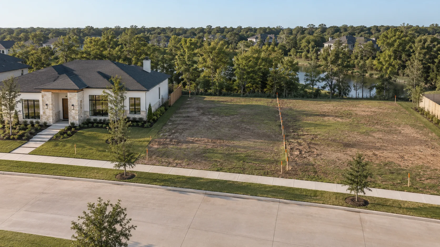Elevated view over a new residential street, with a single-storey house in pale stone and white walls under a dark hipped roof beside a vacant lot of bare soil and patchy grass marked out by thin survey stakes, a pond and mature trees behind, and a concrete street and sidewalk in the foreground