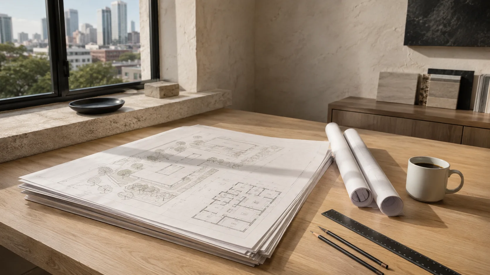 A stack of large-format architectural drawings open on a white oak desk beside two rolled drawing sets, a black steel scale rule, two pencils and a white mug of coffee, with a limestone window sill and a distant city skyline through the window behind