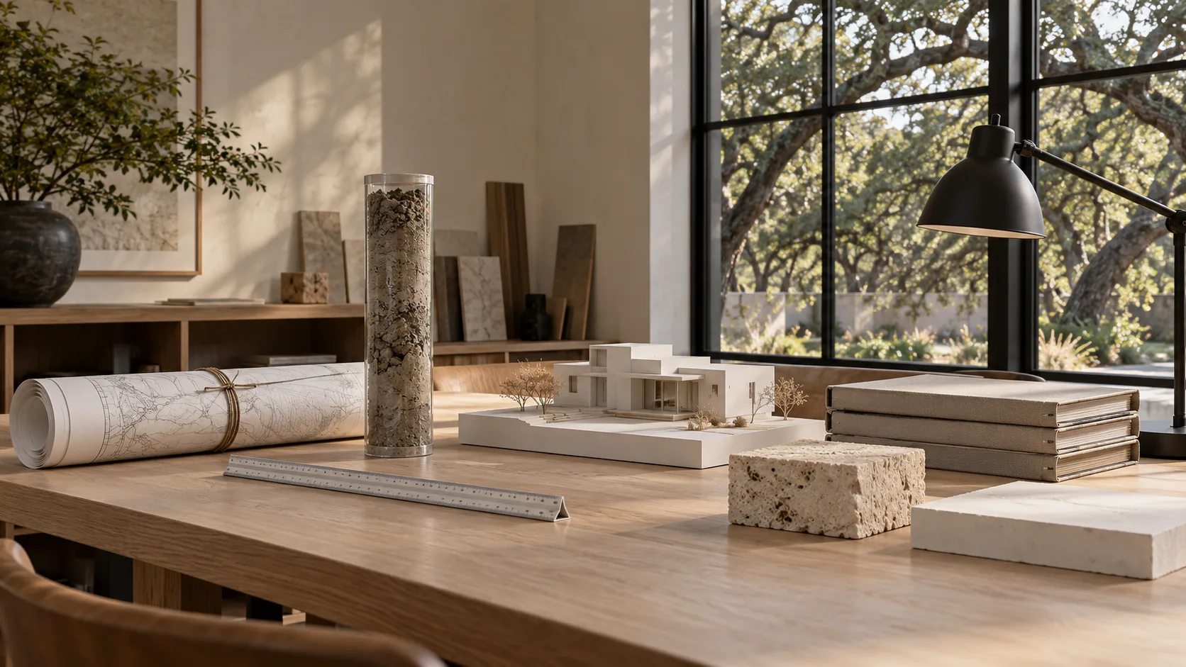A pale white oak studio table in daylight from a black-framed window onto live oaks, holding a rolled survey plat tied with cord, a clear tube of grey-brown clay soil core, a scale ruler, a white card model of a flat-roofed modern house, a stack of linen-bound folders, a block of pale limestone and a slab of white plaster
