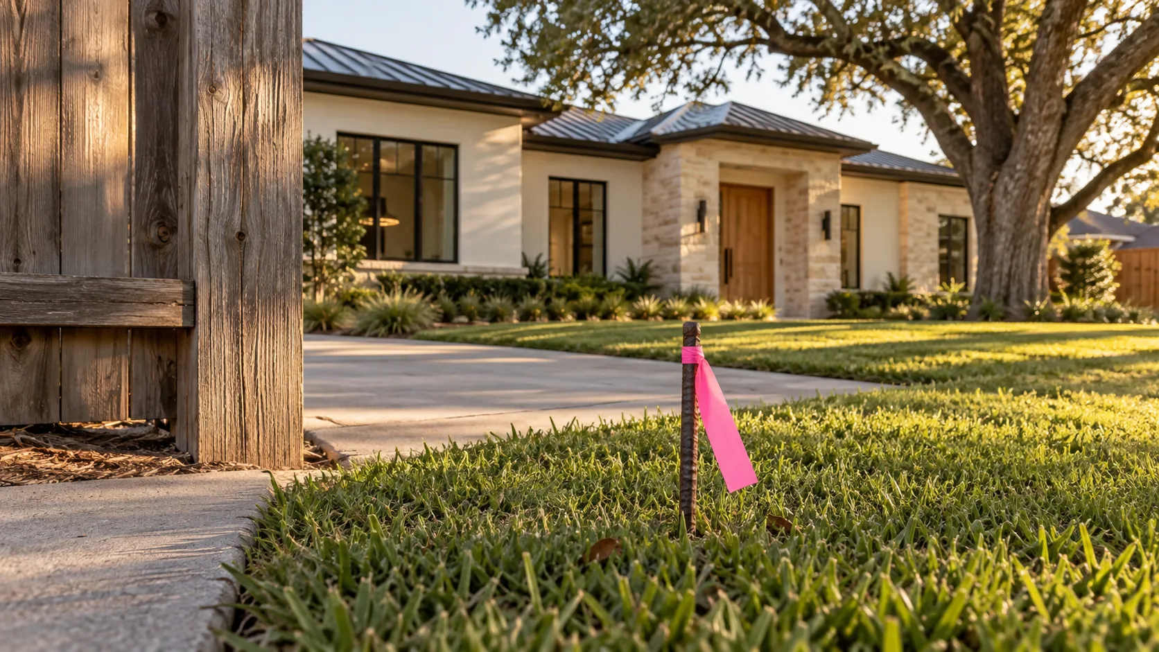 Low ground-level view of a front lawn where a rebar survey rod with bright pink flagging tape stands in the grass beside a concrete driveway, a weathered cedar fence post at the left edge, and behind it a single-storey house in cream plaster with a limestone entry, a wood front door, matte black windows and a dark hipped metal roof under a large live oak in low sunlight