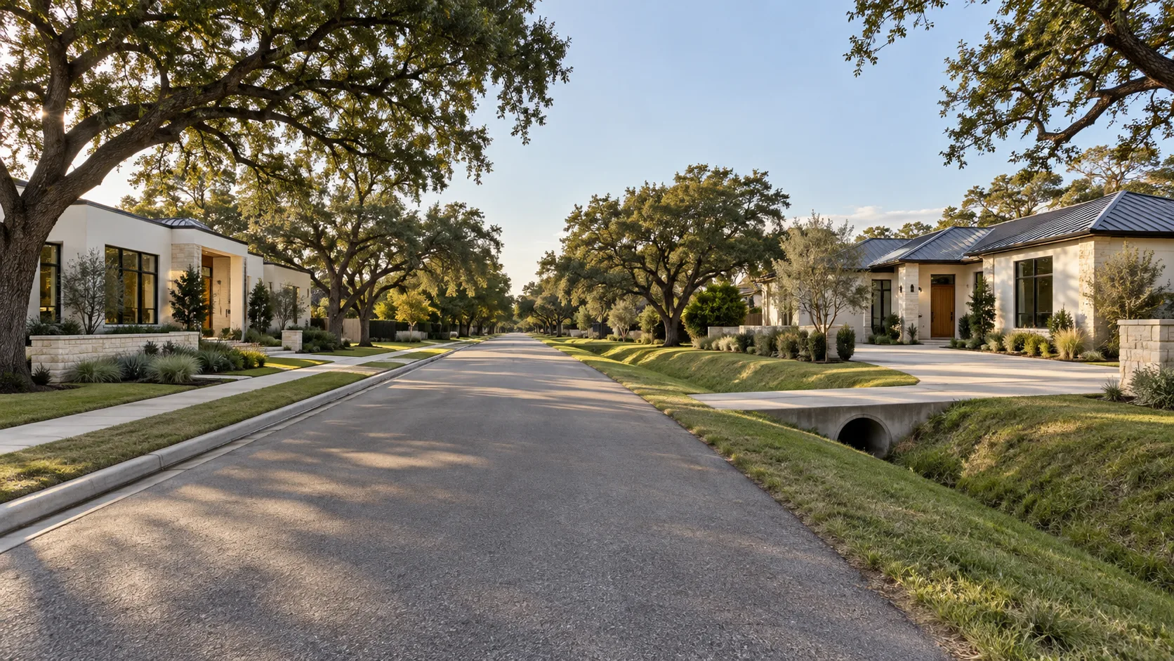 Eye-level view down an asphalt residential street under mature live oaks, with a flat-roofed white and limestone house behind a concrete curb, gutter and sidewalk on the left, and on the right a limestone house with a dark metal hipped roof and a wood front door whose concrete driveway crosses a grassed roadside drainage ditch over a round culvert, in late-afternoon light