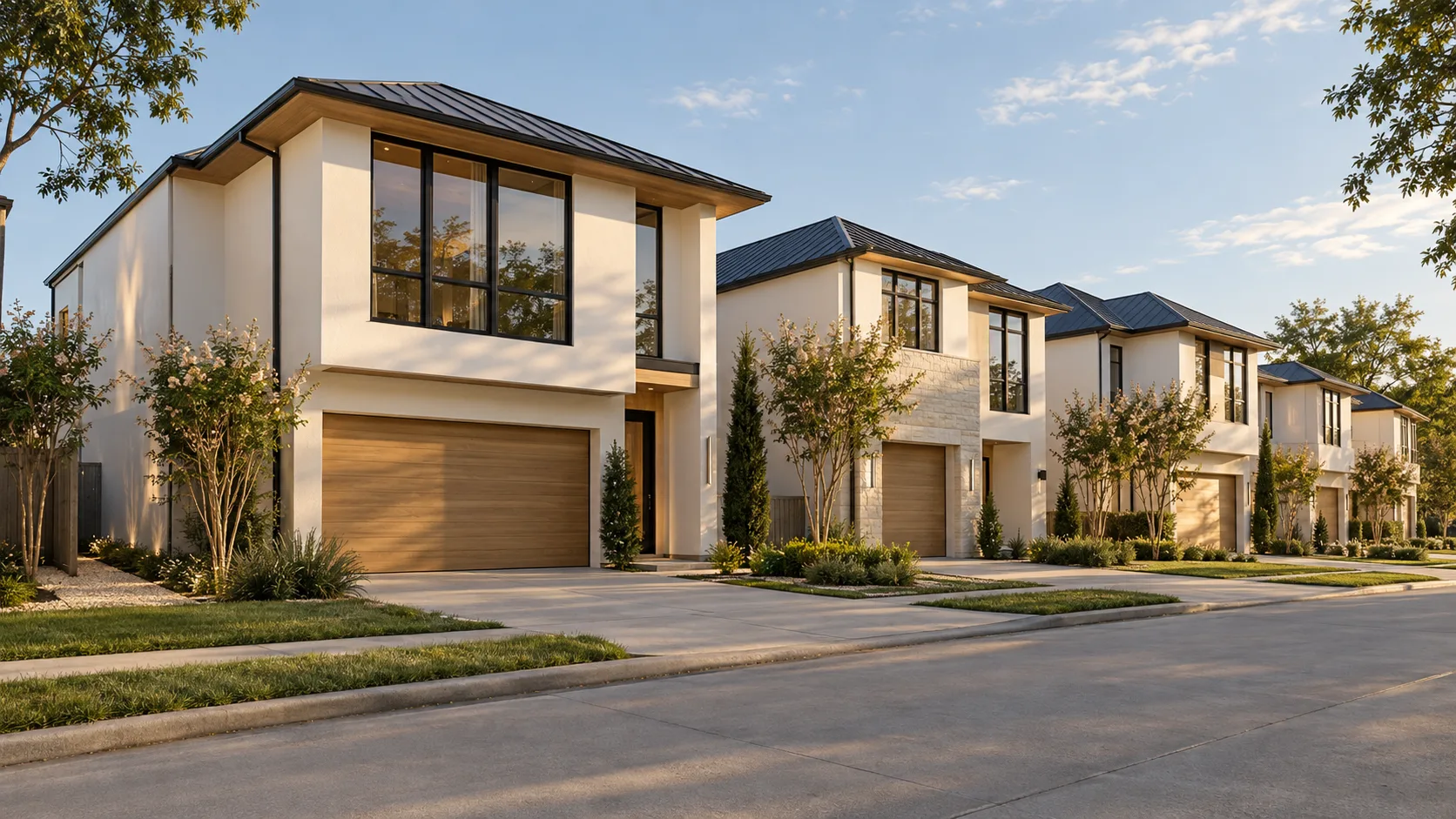 Street of new two-storey white plaster homes in warm late-afternoon light, each with a white oak garage door, matte black window frames and a dark standing-seam metal roof, set behind crape myrtles and a concrete driveway beside a curb and a plain street