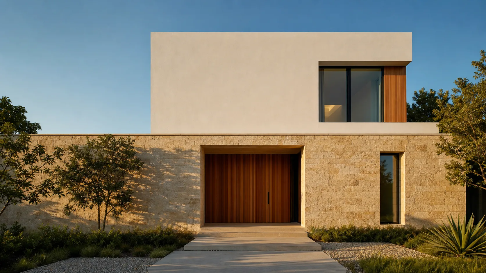 A two-story house where a stone-clad lower volume meets a set-back white stucco upper volume, the junction between the two clearly visible, with young trees along a stone path in evening light