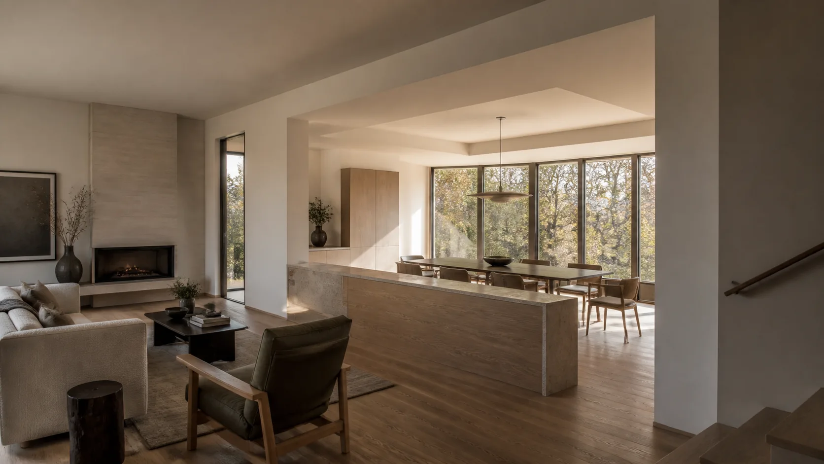 An opened-up interior of a house with a partial dividing wall and a dropped beam overhead, looking from a living area through to a dining space with full-height windows